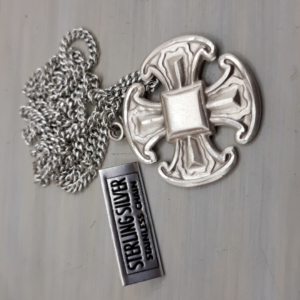 Sterling Silver Canterbury Cross on 24 inch Stainless Steel Chain